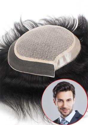 YJS014| Seide Mono Basis mit PU an Seiten und Rückseite plus Lace vorne Echthaar Toupet